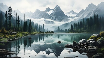 Mountains reflected in a mountain lake. Panoramic view.