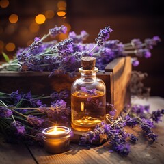 Obraz na płótnie Canvas A bottle of essential oil with fresh lavender twigs