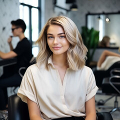 Glamorous Transformation: Blonde Model Radiates Beauty in the Hairdresser's Chair