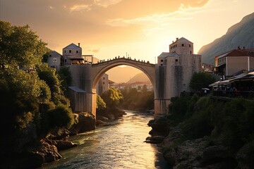 The Mostar Old Bridge, a UNESCO site, spans the Neretva River in Bosnia and Herzegovina, a symbol of cultural heritage and historical significance. - obrazy, fototapety, plakaty