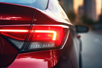 Closeup of a modern car s LED red taillight signaling turning on street to maintain distance with a closeup of the trunk