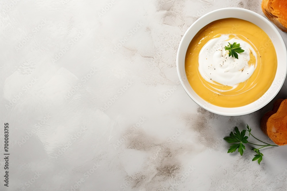 Poster creamy pumpkin soup served on a marble background