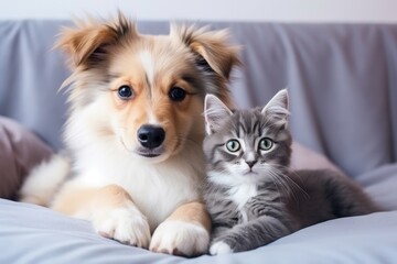 Cozy home concept illustrated by a beautiful dog and small cat on a soft white pillow a kitten and puppy sharing a home