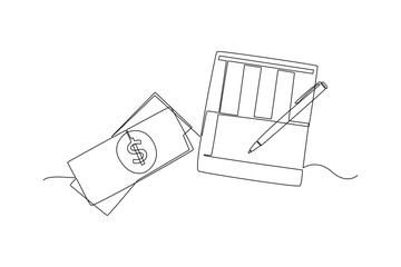 Continuous one line drawing Saving money, analyzing, planning personal budget, investing. Financial management concept. Doodle vector illustration.