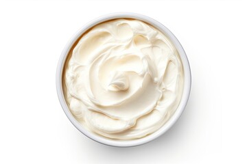 Cream cheese in a bowl white background top view - obrazy, fototapety, plakaty