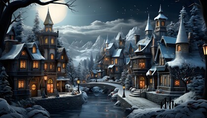 Illustration of a winter fairy tale village at night with full moon