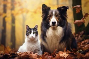 Dog and cat in misty fall woods