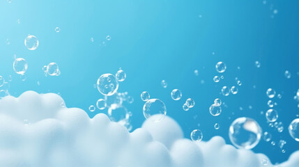 Detergent foam bubble on blue background. Soap, shower gel, shampoo foam texture. Copy space. Generative AI - obrazy, fototapety, plakaty