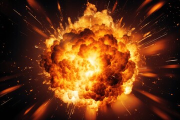 Explosion of fiery bomb with sparks on black background - obrazy, fototapety, plakaty