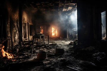 Fire damaged house interior destroyed building room post disaster or war concept - obrazy, fototapety, plakaty