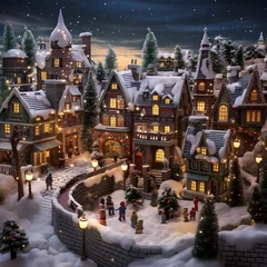 Dekokissen Christmas scene with small houses and snow covered trees. Blurred background. © Iman