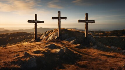 Three crosses on the hill. Symbol of redemption. Ai generative - obrazy, fototapety, plakaty