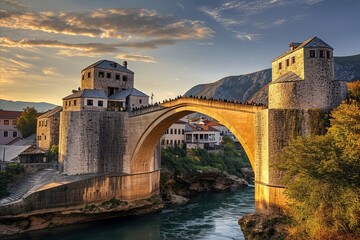 The Mostar Old Bridge, a UNESCO site, spans the Neretva River in Bosnia and Herzegovina, a symbol of cultural heritage and historical significance. - obrazy, fototapety, plakaty