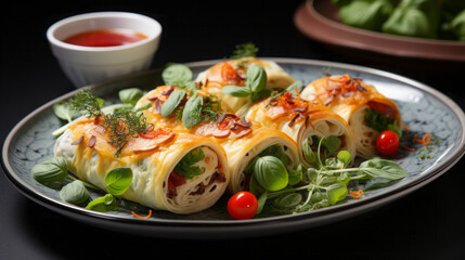 Omelette rolls with mozzarella and vegetables with bread