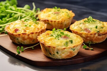 Freshly baked mini ham and cheese quiches on a marble board ready to enjoy - obrazy, fototapety, plakaty