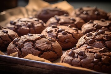 Freshly baked double chocolate chip cookies captured in food photography