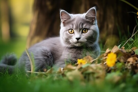 High quality photo of a resting gray Scottish cat on grass