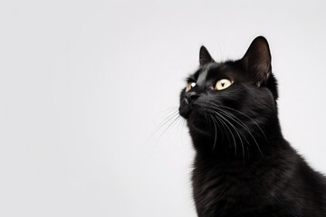 Graceful black purebred cat ready to eat isolated on white Depicting domestic animals pets love comfort Copy space for advertisements