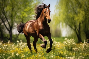 Gorgeous horse rising in lush field