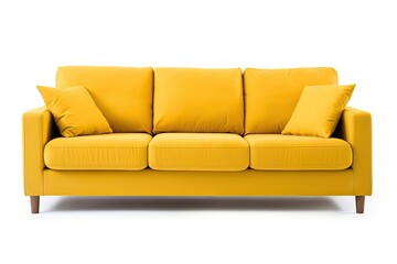 Gray sofa bed on white background Upholstered loveseat with armrests and seat cushion Three seater couch with four yellow pillows