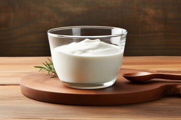 Obraz na płótnie Canvas Greek yogurt served in a glass bowl on a wooden surface