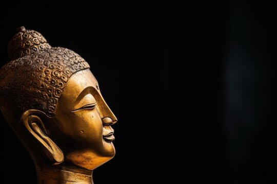 Golden sandstone Buddha head on black background with soft lit image