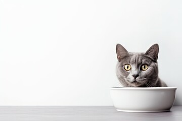 Grey cat looks at bowl of food animal emotions white background