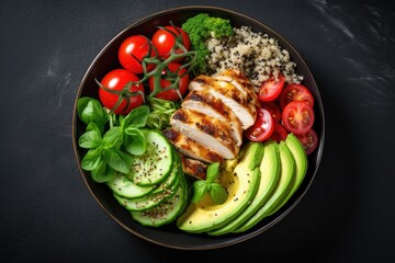 Grilled chicken quinoa spinach avocado brussels sprouts tomatoes cucumbers in a healthy bowl