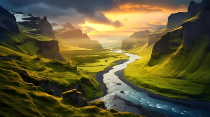 Poster Panoramic view of the river and mountains in Iceland at sunset © Iman