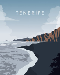 Tenerife black sand beach travel poster, banner, postcard