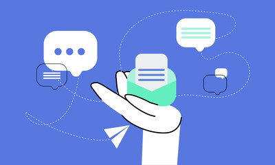 Vector illustration of newsletter sending concept, email marketing, marketing material. Send and receive messages and comments