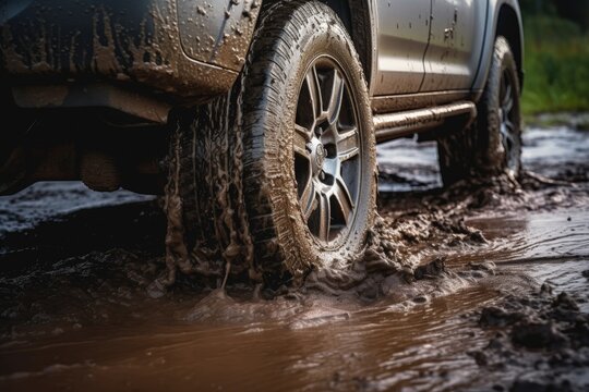 Grey SUV 4WD car trapped in mud during an off road adventure tour at Vashlovani safari