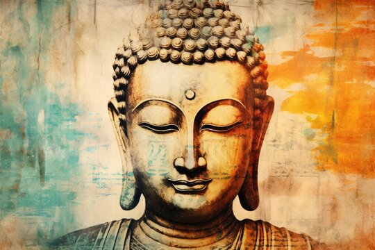 Grunge illustration of Buddha s face featuring Sanskrit Om Mani Padme Hum script