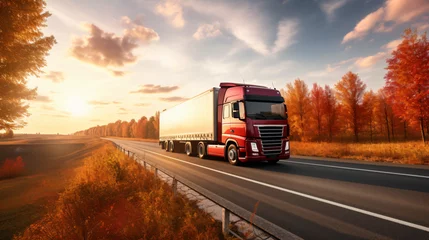 Foto op Canvas A big driving fast truck with a red trailer © franklin