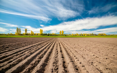 Furrows row pattern in a plowed field prepared for planting crops in spring