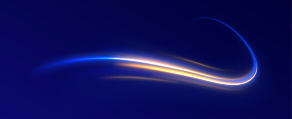 Vector illustration of high speed light effect on blue background. Abstract white and blue wave light effect. Flash luminosity line. Technology futuristic dynamic motion.	