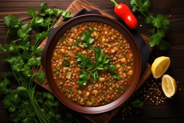 Healthy top view of vegetarian lentil soup with fresh parsley