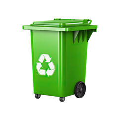 Green Garbage Container with Recycling Symbol, isolated on Transparent Background
