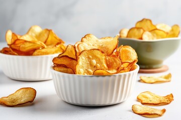 Homemade crispy potato chips in bowls white background top view copy space