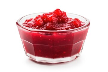 Isolated small jam bowl with red berries on white background