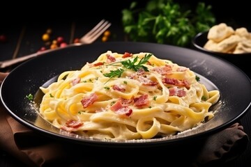 Italian food Homemade fettuccine carbonara with eggs cheese cured pork and black pepper