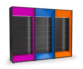 Retail slatwall display stands with glass shelves and topper. 3d illustration