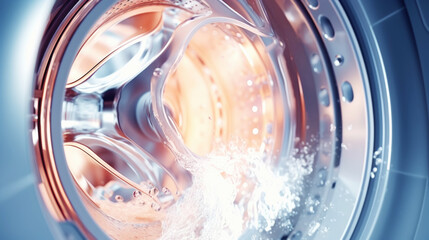Washing machine drum with water, closeup. Water splash with neon light. Generative AI