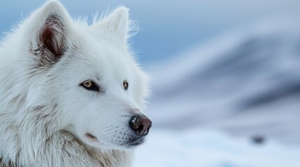 Obraz premium Wildlife photograph featuring a close-up white wolf against the backdrop of a snowy arctic landscape. 
