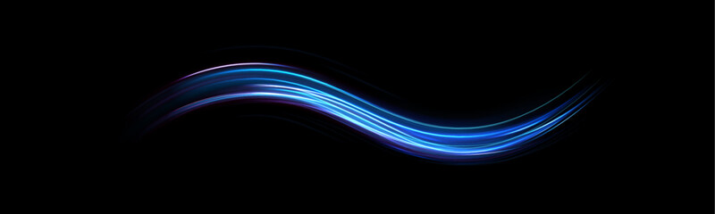 Blue wind waves effect. Abstract light motion trails with sparkles isolated on black background. Light blue Twirl. Curve light effect of blue line. Luminous blue circle.	