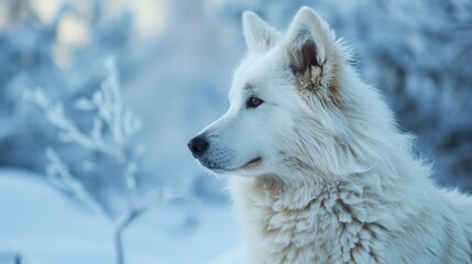 Obraz premium Wildlife photograph featuring a close-up white wolf against the backdrop of a snowy arctic landscape. 