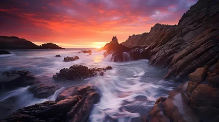 Fototapeten Long exposure of a beautiful sunset over a rocky beach in Cornwall. © Iman