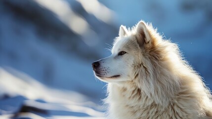 Obraz premium Wildlife photograph featuring a white wolf against the backdrop of a snowy arctic landscape. 