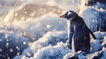 Close-up Penguins in their habitat captured through animal photography in a winter landscape.

