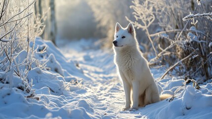 Wildlife photograph featuring a white wolf against the backdrop of a snowy arctic landscape.
 - obrazy, fototapety, plakaty